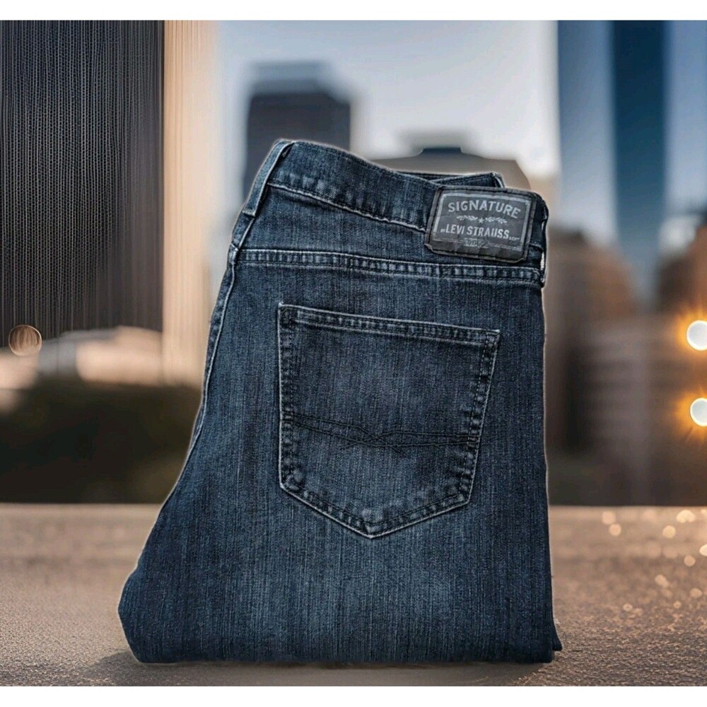 SIGNATURE LEVI STRAUSS BLUE DENIM JEANS SLIM STRAIGHT STRETCH MENS SZ 34X29 EUC